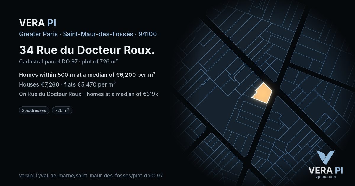 34 Rue du Docteur Roux, Saint-Maur-des-Fossés at night – the plot lit, the parcels around coloured by the prices near them