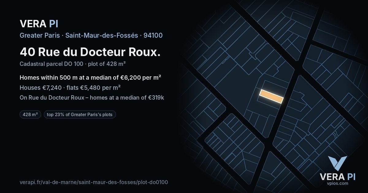 40 Rue du Docteur Roux, Saint-Maur-des-Fossés at night – the plot lit, the parcels around coloured by the prices near them