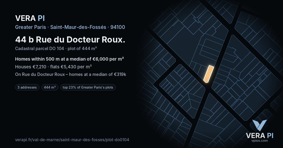 44 b Rue du Docteur Roux, Saint-Maur-des-Fossés at night – the plot lit, the parcels around coloured by the prices near them