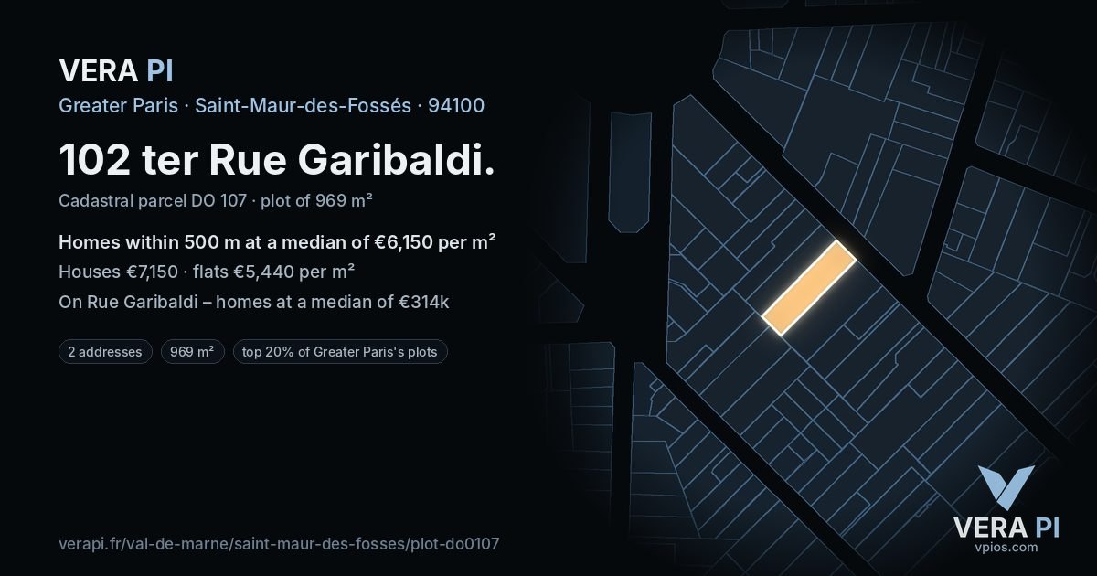 102 ter Rue Garibaldi, Saint-Maur-des-Fossés at night – the plot lit, the parcels around coloured by the prices near them