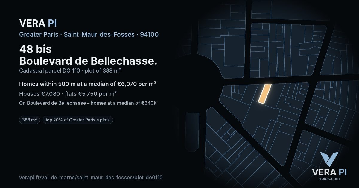 48 bis Boulevard de Bellechasse, Saint-Maur-des-Fossés at night – the plot lit, the parcels around coloured by the prices near them