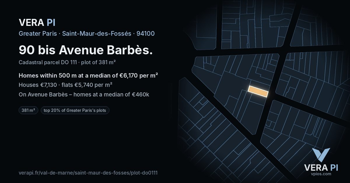 90 bis Avenue Barbès, Saint-Maur-des-Fossés at night – the plot lit, the parcels around coloured by the prices near them