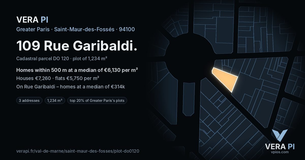 109 Rue Garibaldi, Saint-Maur-des-Fossés at night – the plot lit, the parcels around coloured by the prices near them
