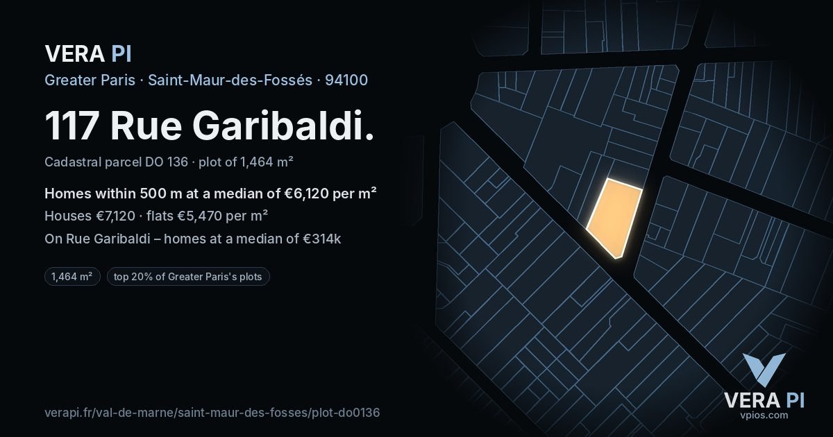 117 Rue Garibaldi, Saint-Maur-des-Fossés at night – the plot lit, the parcels around coloured by the prices near them