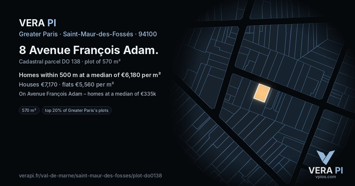 8 Avenue François Adam, Saint-Maur-des-Fossés at night – the plot lit, the parcels around coloured by the prices near them