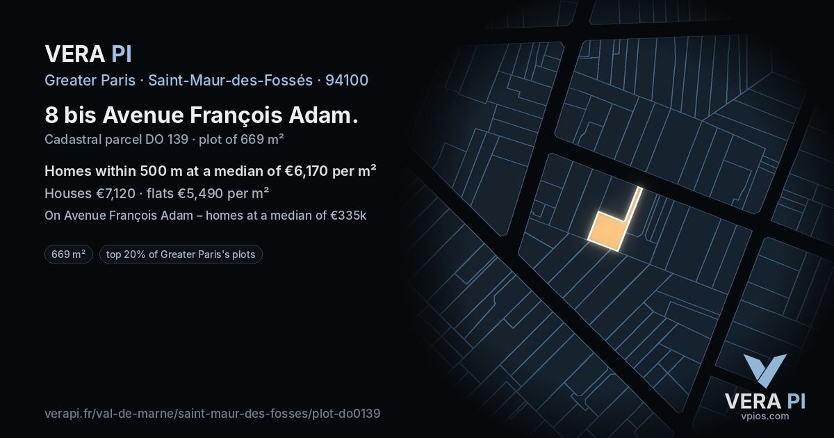 8 bis Avenue François Adam, Saint-Maur-des-Fossés at night – the plot lit, the parcels around coloured by the prices near them