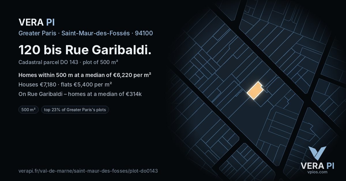 120 bis Rue Garibaldi, Saint-Maur-des-Fossés at night – the plot lit, the parcels around coloured by the prices near them