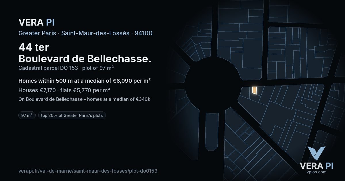 44 ter Boulevard de Bellechasse, Saint-Maur-des-Fossés at night – the plot lit, the parcels around coloured by the prices near them
