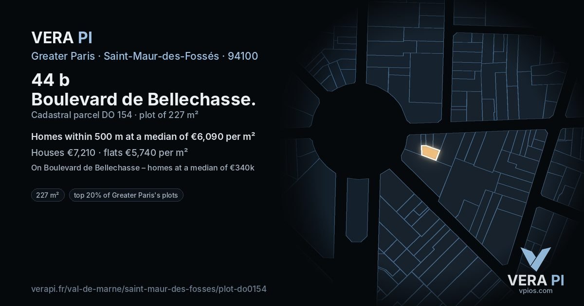44 b Boulevard de Bellechasse, Saint-Maur-des-Fossés at night – the plot lit, the parcels around coloured by the prices near them