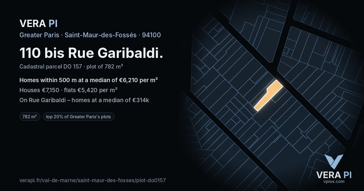 110 bis Rue Garibaldi, Saint-Maur-des-Fossés at night – the plot lit, the parcels around coloured by the prices near them