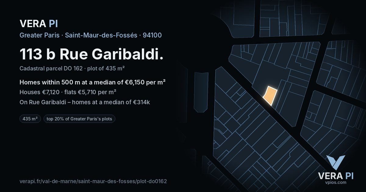 113 b Rue Garibaldi, Saint-Maur-des-Fossés at night – the plot lit, the parcels around coloured by the prices near them
