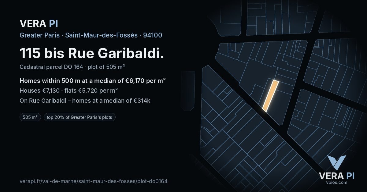 115 bis Rue Garibaldi, Saint-Maur-des-Fossés at night – the plot lit, the parcels around coloured by the prices near them