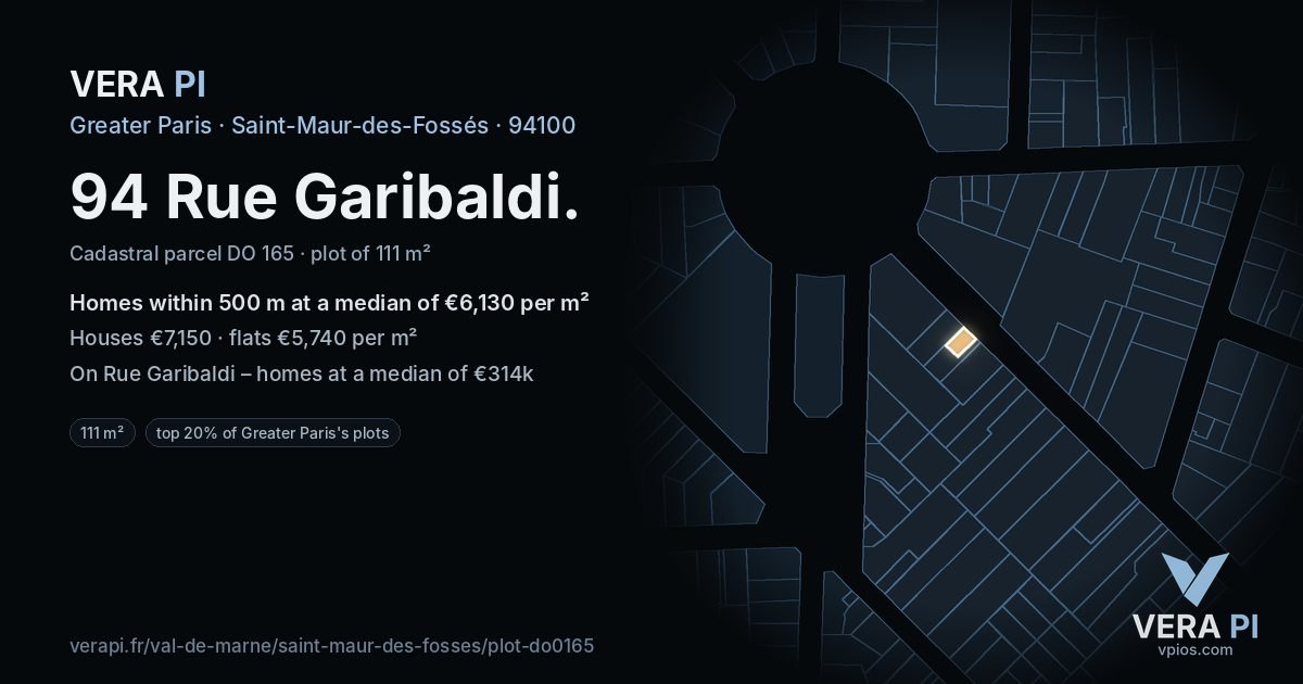 94 Rue Garibaldi, Saint-Maur-des-Fossés at night – the plot lit, the parcels around coloured by the prices near them