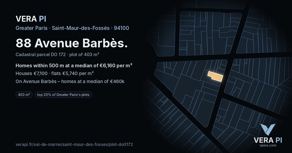 88 Avenue Barbès, Saint-Maur-des-Fossés at night – the plot lit, the parcels around coloured by the prices near them