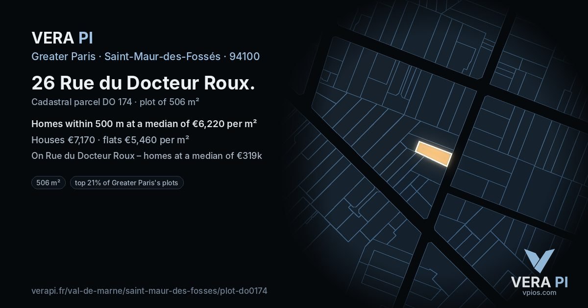 26 Rue du Docteur Roux, Saint-Maur-des-Fossés at night – the plot lit, the parcels around coloured by the prices near them