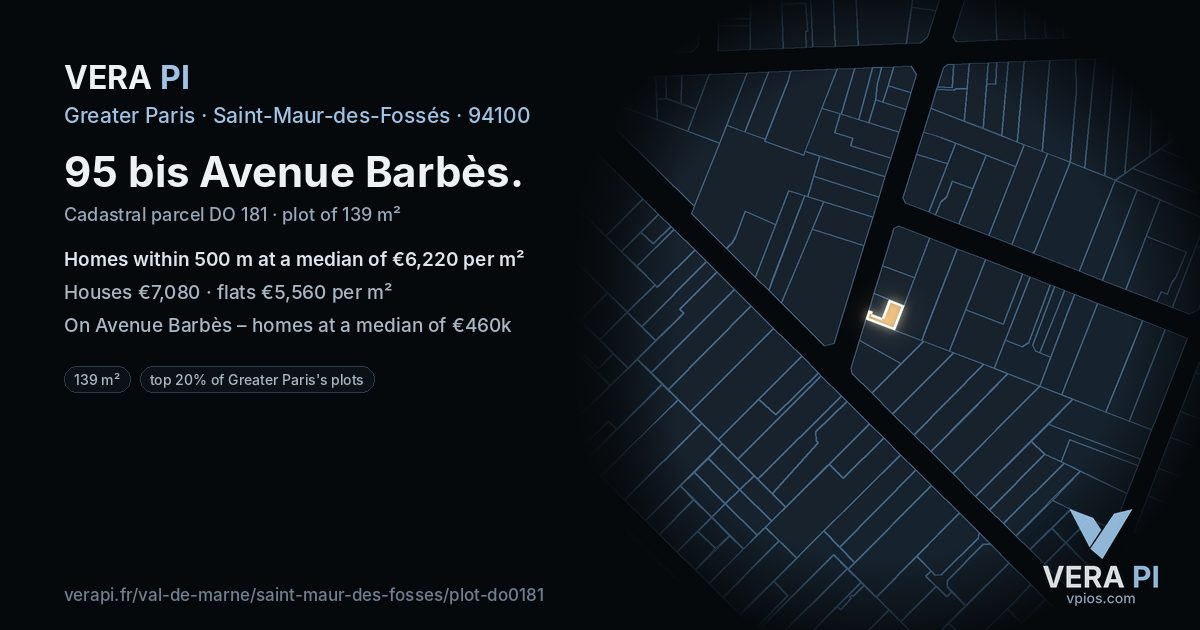 95 bis Avenue Barbès, Saint-Maur-des-Fossés at night – the plot lit, the parcels around coloured by the prices near them
