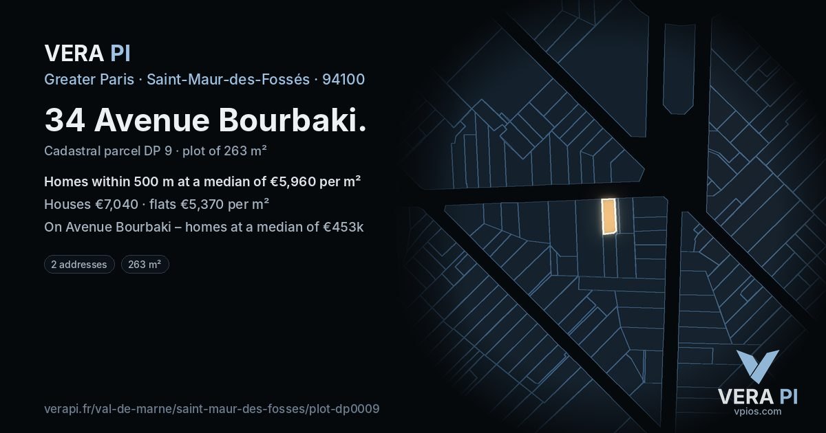 34 Avenue Bourbaki, Saint-Maur-des-Fossés at night – the plot lit, the parcels around coloured by the prices near them