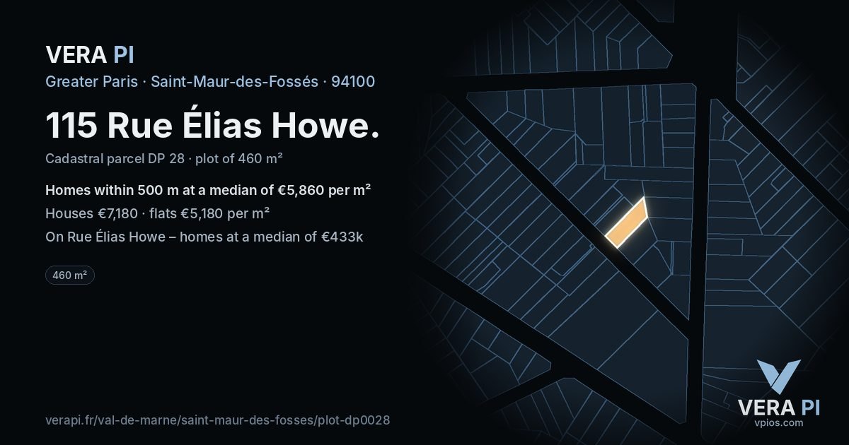 115 Rue Élias Howe, Saint-Maur-des-Fossés at night – the plot lit, the parcels around coloured by the prices near them