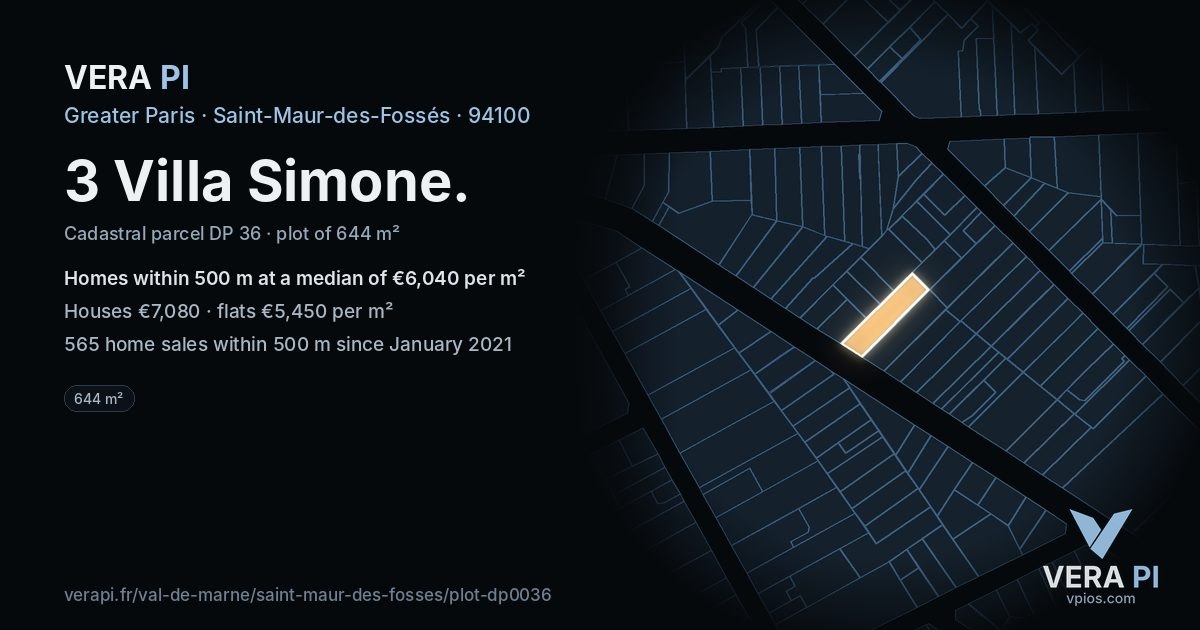 3 Villa Simone, Saint-Maur-des-Fossés at night – the plot lit, the parcels around coloured by the prices near them