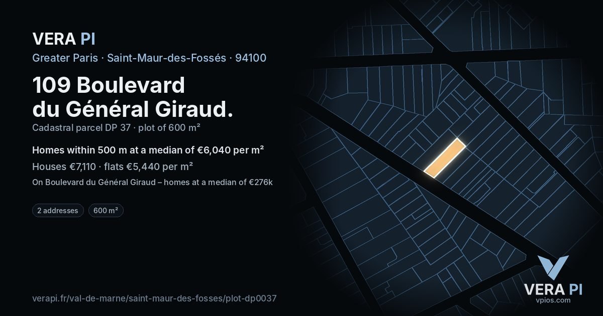 109 Boulevard du Général Giraud, Saint-Maur-des-Fossés at night – the plot lit, the parcels around coloured by the prices near them