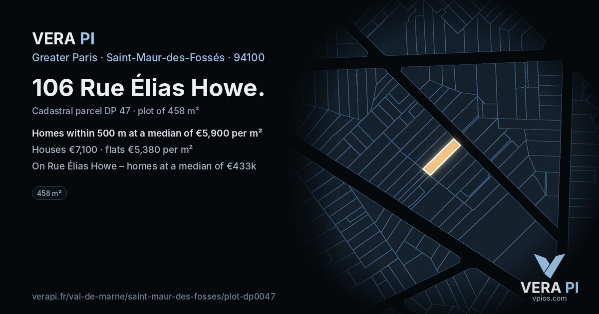 106 Rue Élias Howe, Saint-Maur-des-Fossés at night – the plot lit, the parcels around coloured by the prices near them