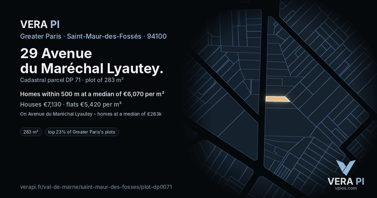 29 Avenue du Maréchal Lyautey, Saint-Maur-des-Fossés at night – the plot lit, the parcels around coloured by the prices near them