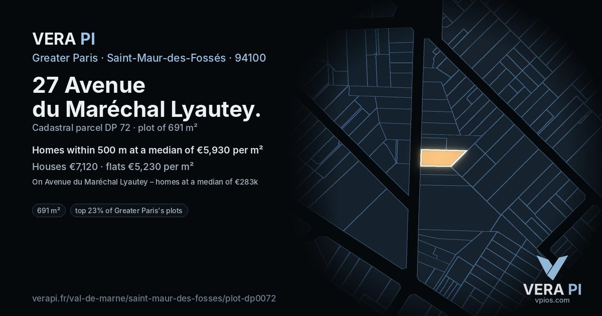 27 Avenue du Maréchal Lyautey, Saint-Maur-des-Fossés at night – the plot lit, the parcels around coloured by the prices near them