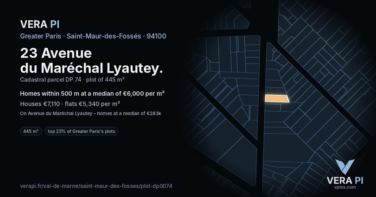 23 Avenue du Maréchal Lyautey, Saint-Maur-des-Fossés at night – the plot lit, the parcels around coloured by the prices near them