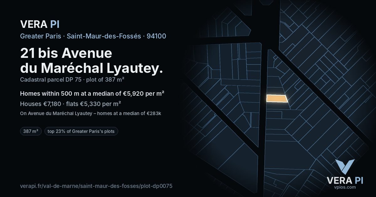 21 bis Avenue du Maréchal Lyautey, Saint-Maur-des-Fossés at night – the plot lit, the parcels around coloured by the prices near them