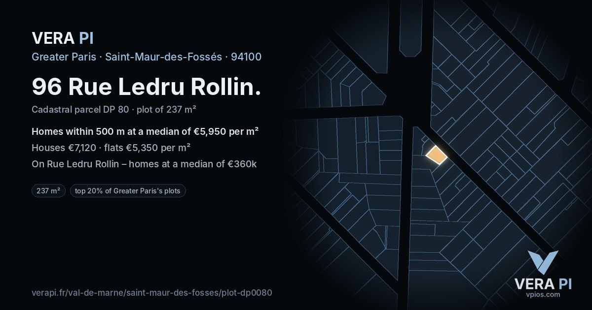 96 Rue Ledru Rollin, Saint-Maur-des-Fossés at night – the plot lit, the parcels around coloured by the prices near them