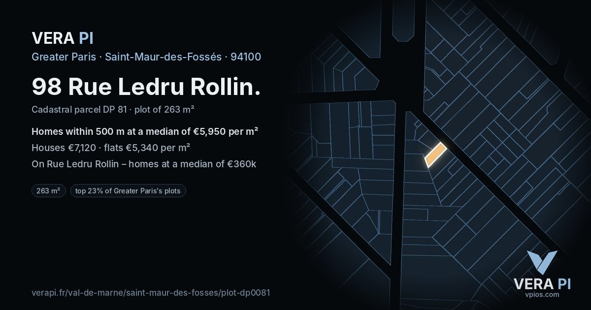 98 Rue Ledru Rollin, Saint-Maur-des-Fossés at night – the plot lit, the parcels around coloured by the prices near them