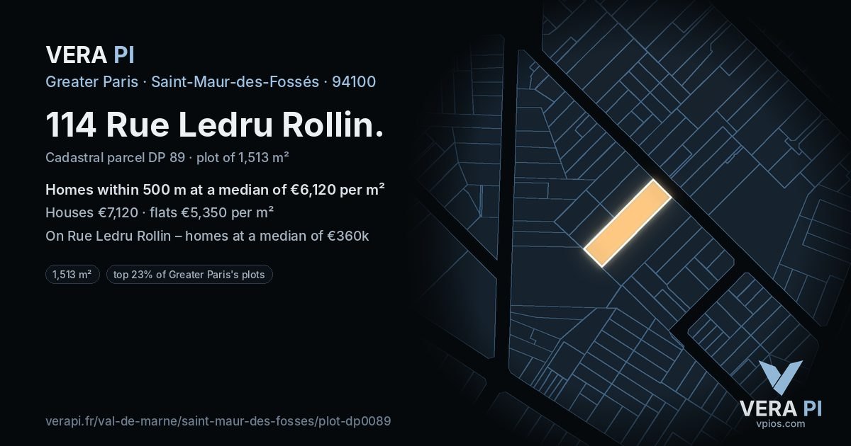 114 Rue Ledru Rollin, Saint-Maur-des-Fossés at night – the plot lit, the parcels around coloured by the prices near them