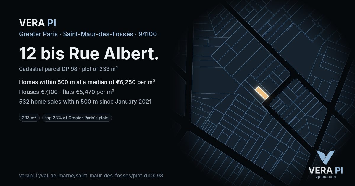 12 bis Rue Albert, Saint-Maur-des-Fossés at night – the plot lit, the parcels around coloured by the prices near them