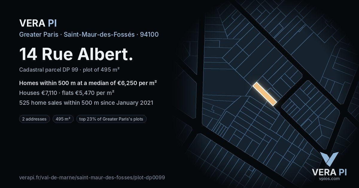 14 Rue Albert, Saint-Maur-des-Fossés at night – the plot lit, the parcels around coloured by the prices near them