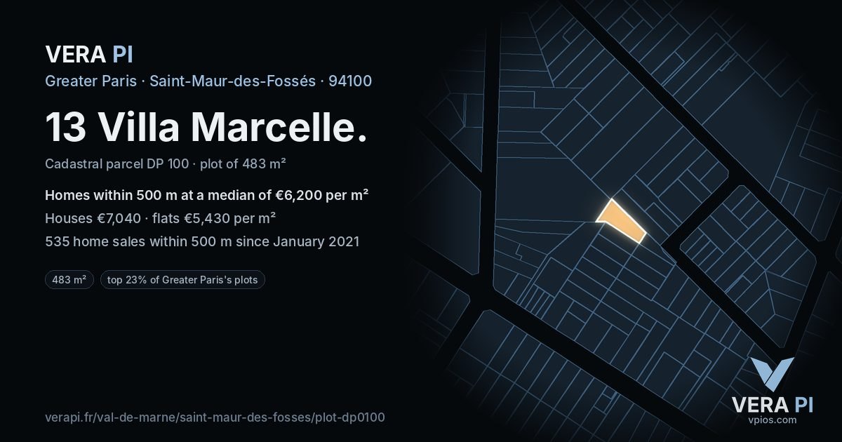 13 Villa Marcelle, Saint-Maur-des-Fossés at night – the plot lit, the parcels around coloured by the prices near them