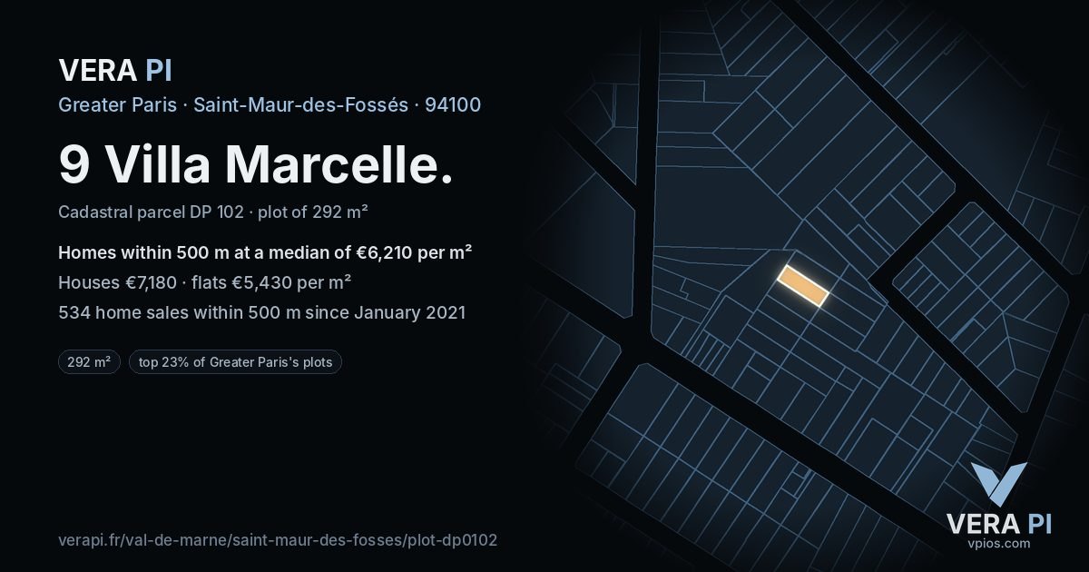 9 Villa Marcelle, Saint-Maur-des-Fossés at night – the plot lit, the parcels around coloured by the prices near them
