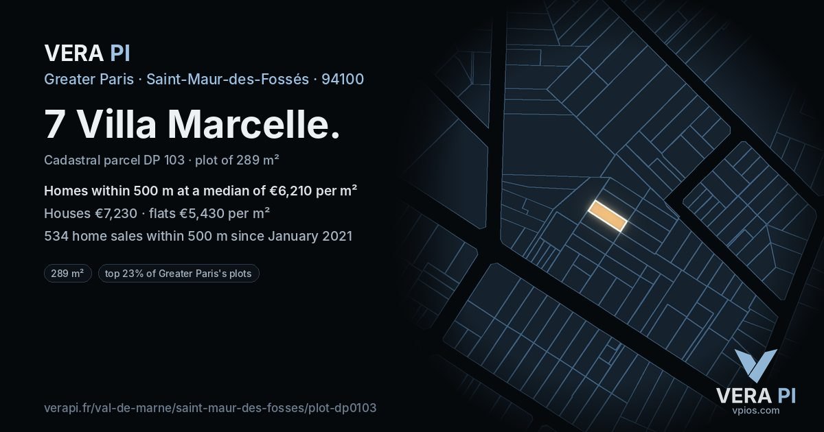 7 Villa Marcelle, Saint-Maur-des-Fossés at night – the plot lit, the parcels around coloured by the prices near them