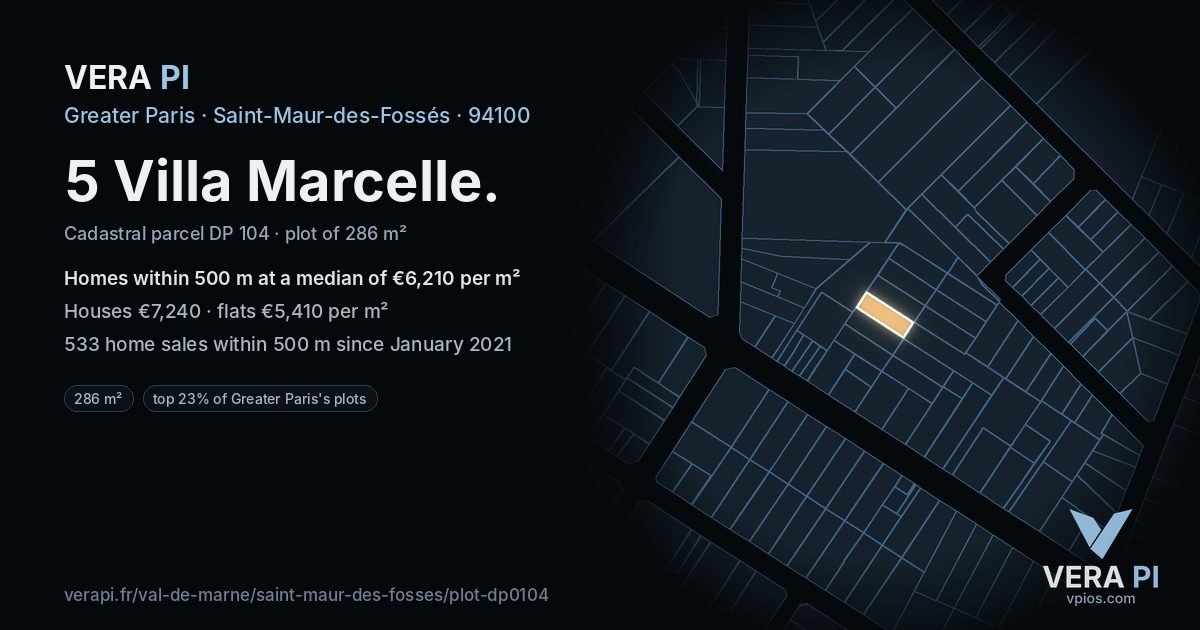 5 Villa Marcelle, Saint-Maur-des-Fossés at night – the plot lit, the parcels around coloured by the prices near them