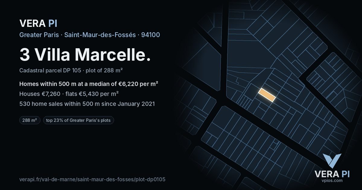 3 Villa Marcelle, Saint-Maur-des-Fossés at night – the plot lit, the parcels around coloured by the prices near them