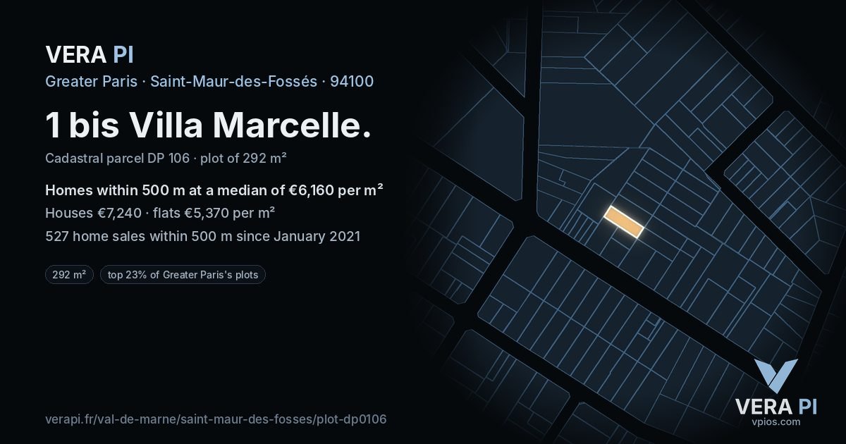 1 bis Villa Marcelle, Saint-Maur-des-Fossés at night – the plot lit, the parcels around coloured by the prices near them