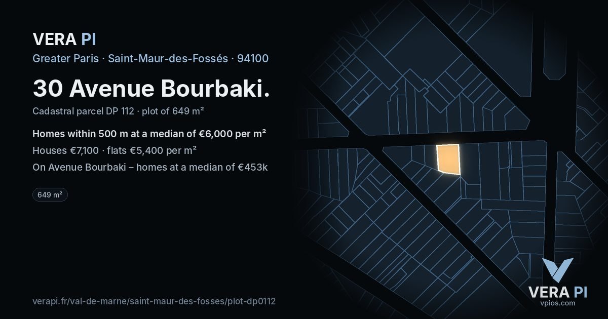 30 Avenue Bourbaki, Saint-Maur-des-Fossés at night – the plot lit, the parcels around coloured by the prices near them