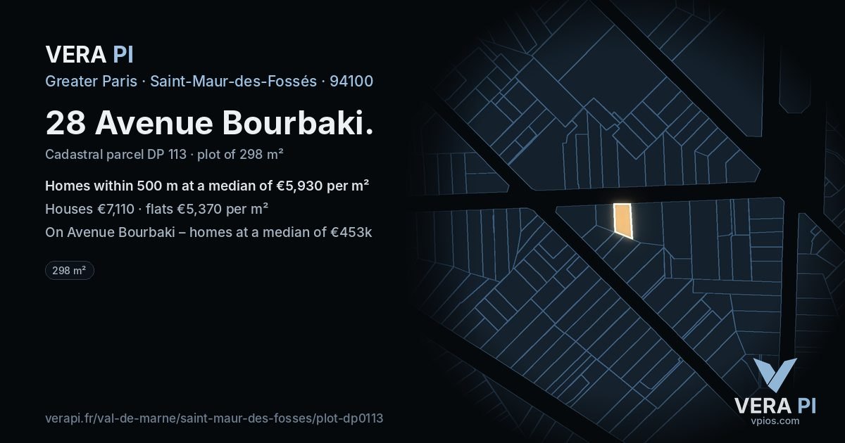 28 Avenue Bourbaki, Saint-Maur-des-Fossés at night – the plot lit, the parcels around coloured by the prices near them