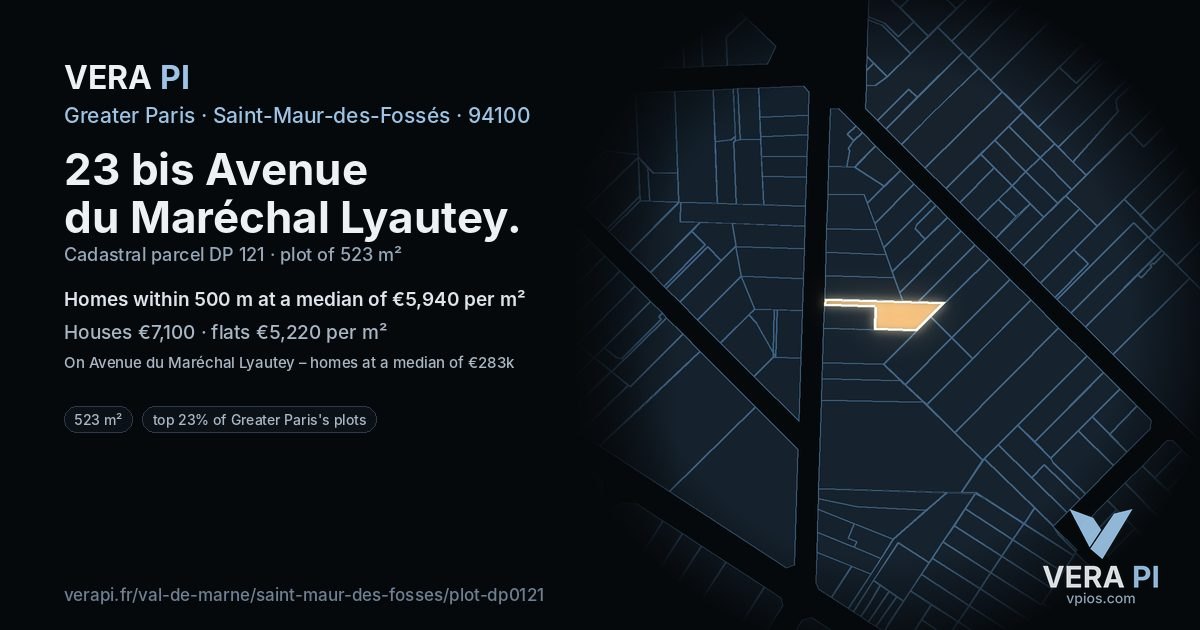 23 bis Avenue du Maréchal Lyautey, Saint-Maur-des-Fossés at night – the plot lit, the parcels around coloured by the prices near them