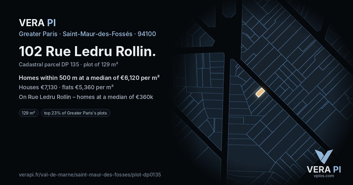102 Rue Ledru Rollin, Saint-Maur-des-Fossés at night – the plot lit, the parcels around coloured by the prices near them