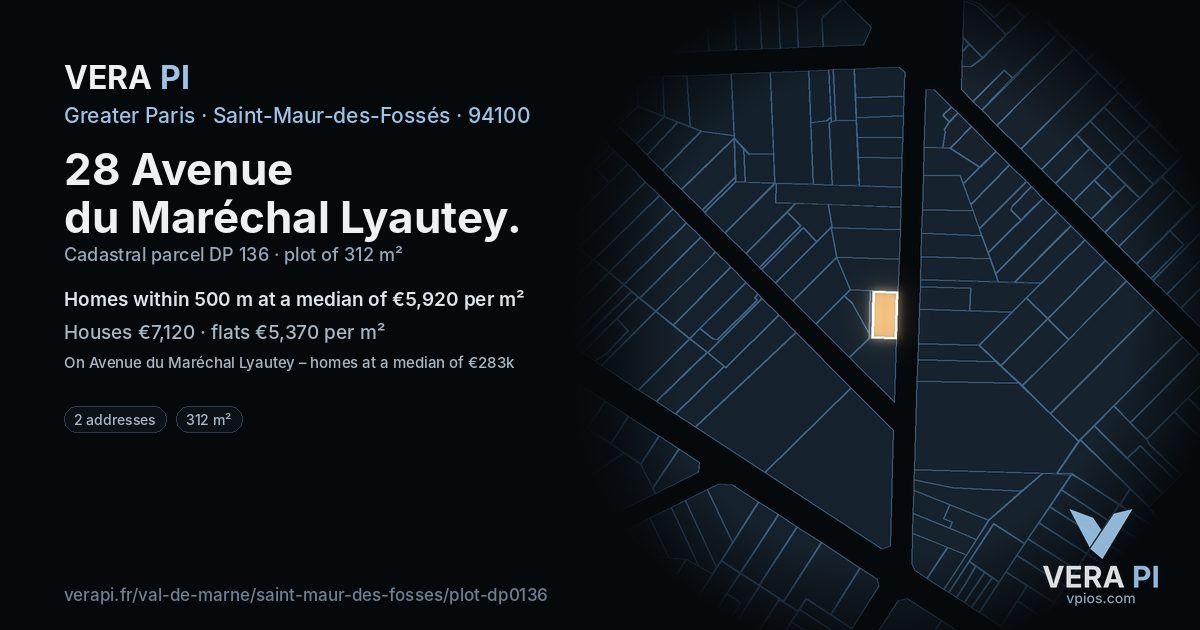 28 Avenue du Maréchal Lyautey, Saint-Maur-des-Fossés at night – the plot lit, the parcels around coloured by the prices near them