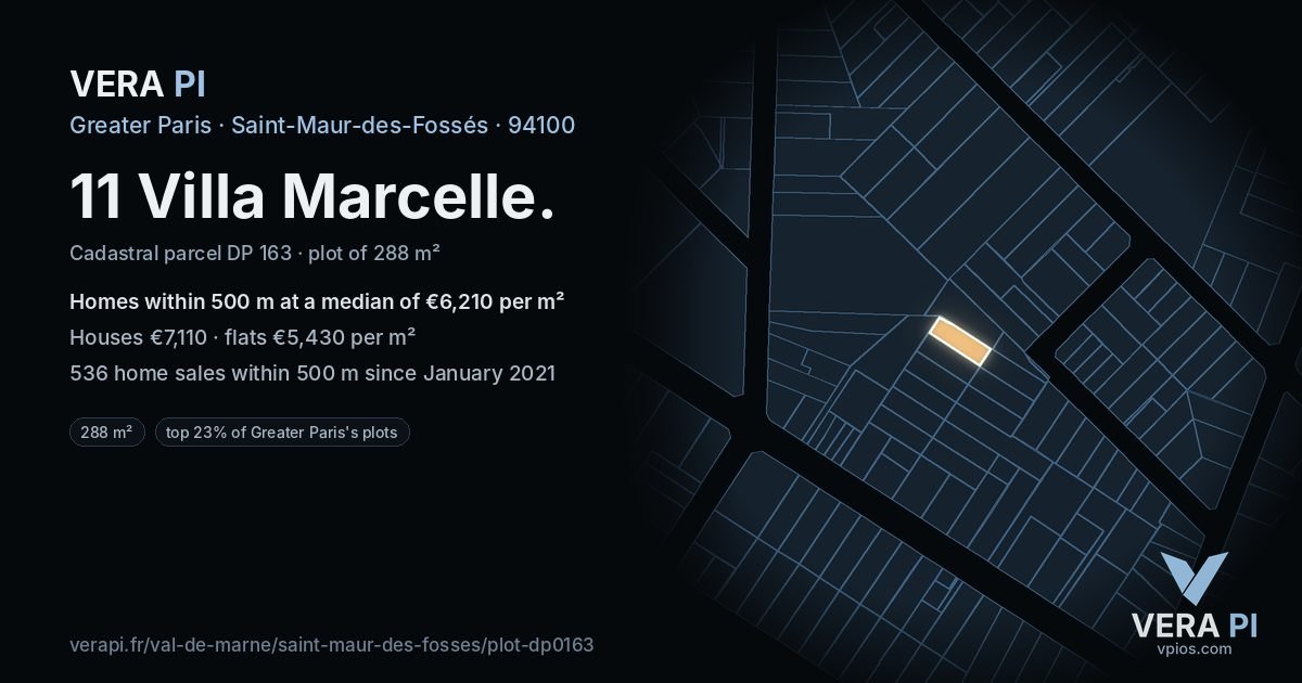 11 Villa Marcelle, Saint-Maur-des-Fossés at night – the plot lit, the parcels around coloured by the prices near them
