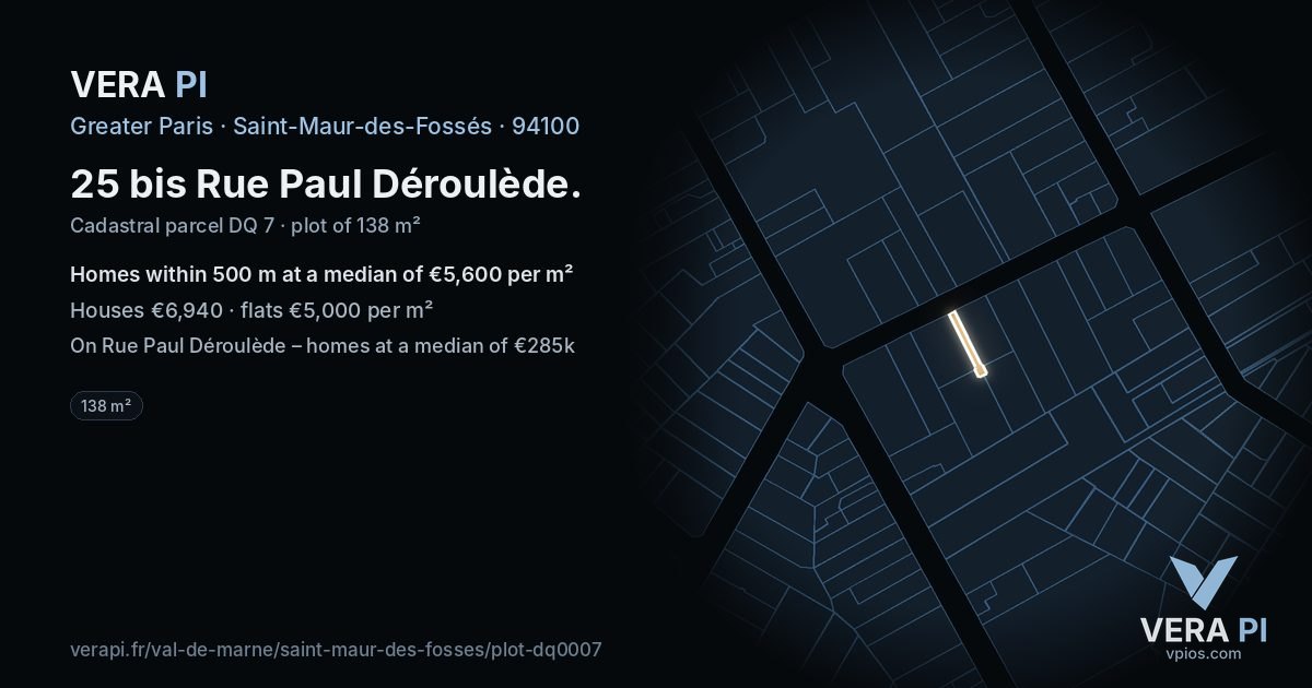 25 bis Rue Paul Déroulède, Saint-Maur-des-Fossés at night – the plot lit, the parcels around coloured by the prices near them