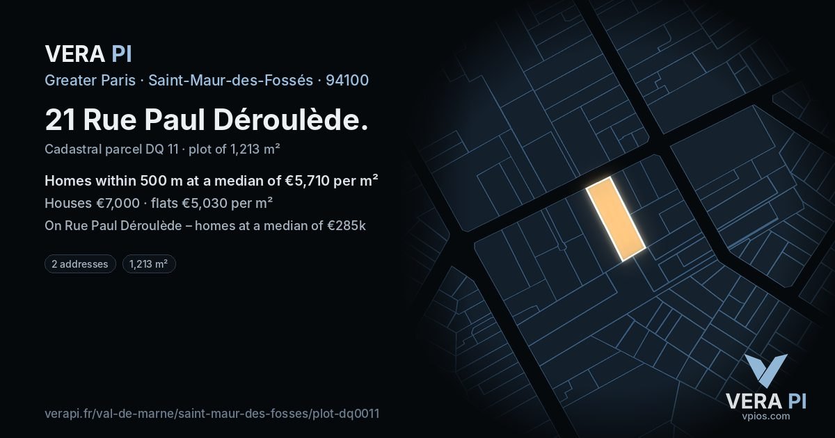 21 Rue Paul Déroulède, Saint-Maur-des-Fossés at night – the plot lit, the parcels around coloured by the prices near them