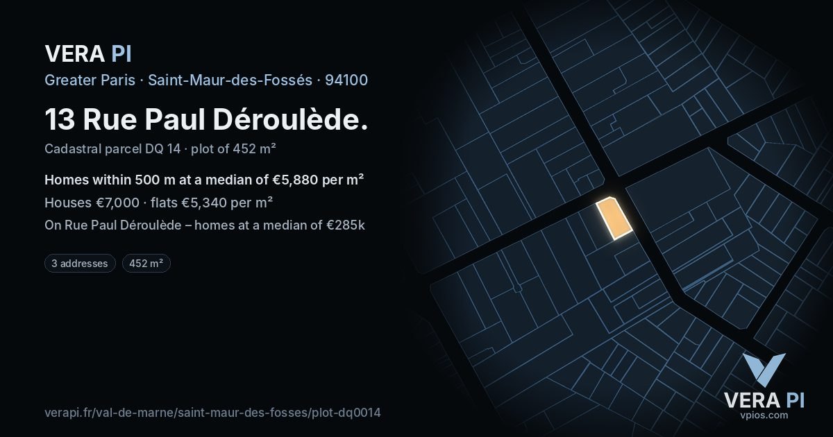 13 Rue Paul Déroulède, Saint-Maur-des-Fossés at night – the plot lit, the parcels around coloured by the prices near them