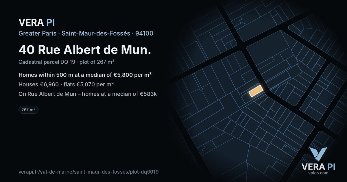 40 Rue Albert de Mun, Saint-Maur-des-Fossés at night – the plot lit, the parcels around coloured by the prices near them
